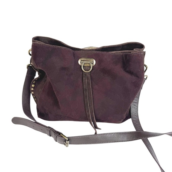 Harbour 2Nd Handbags - Harbour 2Nd Crossbody Chocolate Brown Suede Leather Brass Tone Studded Hobo Bag